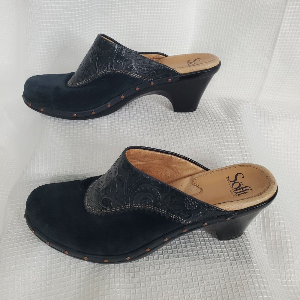 Sofft 8.5 M Clogs Mules Tooled Leather Suede Studded Block Heel CottageCore Rust - Picture 4 of 13
